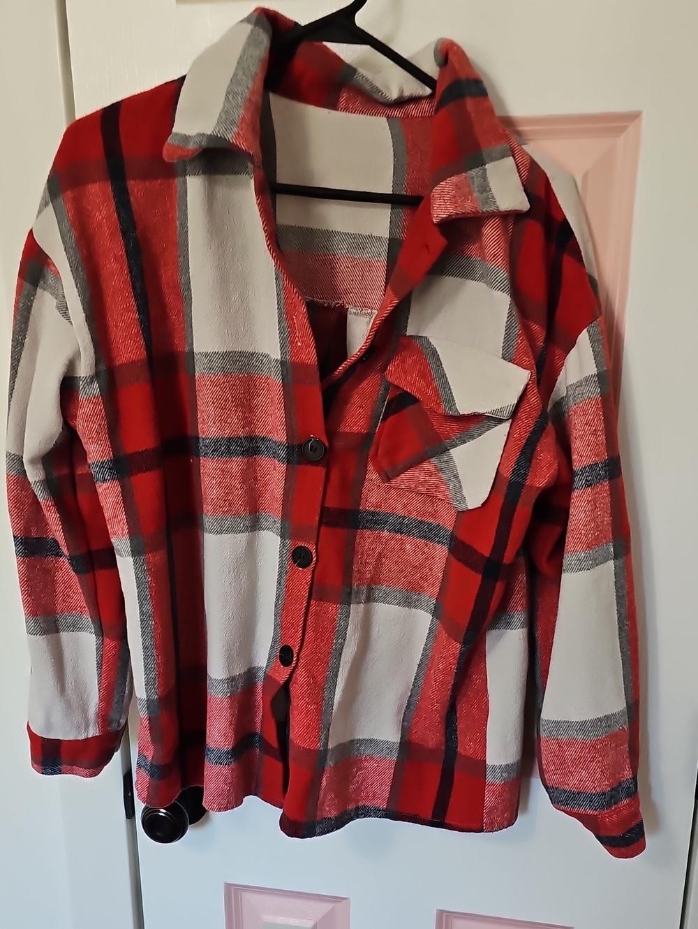 Shein Red and White Plaid Button-Up Shacket Size Medium